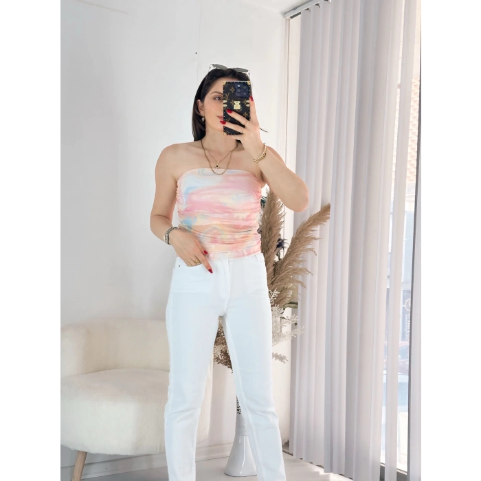 Pembe Straplez Tül Bluz