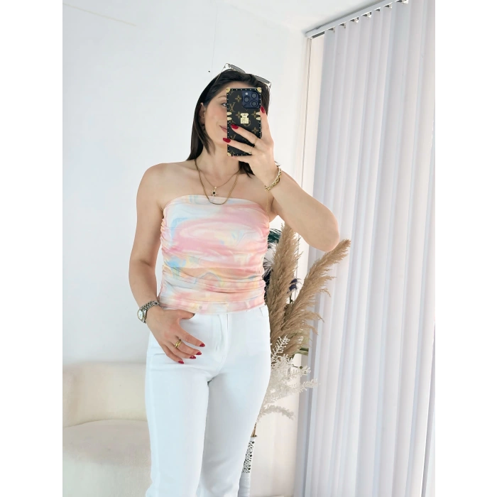 Pembe Straplez Tül Bluz