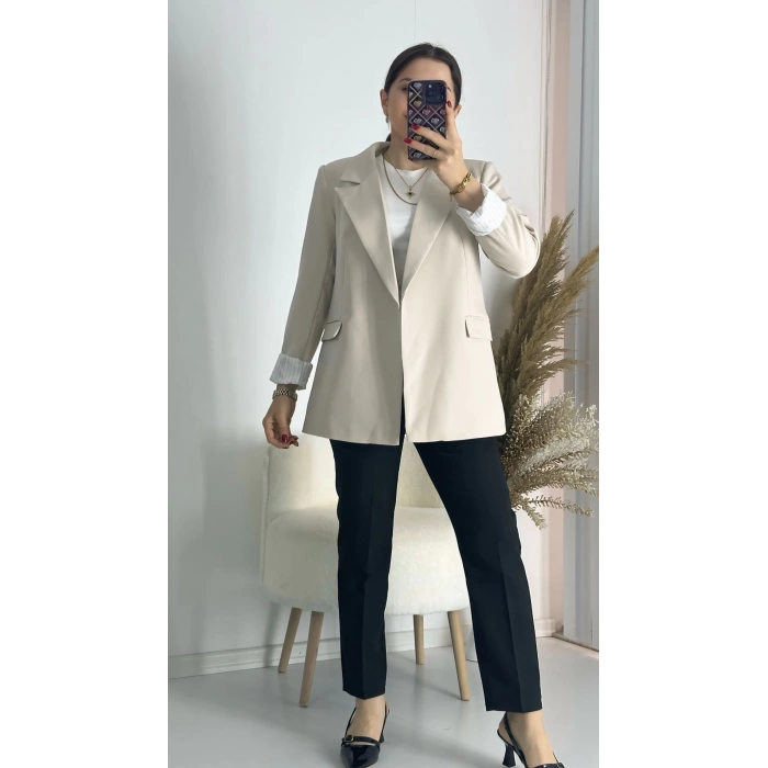 Premium Kalite Astar Çizgili Bej Ceket