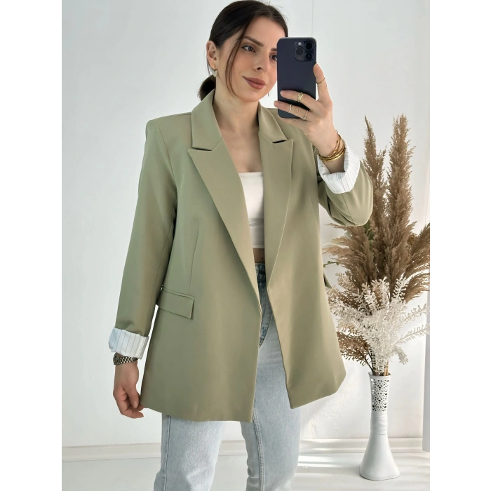 Premium Kalite Astar Çizgili Haki Yeşil Ceket