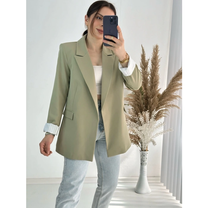 Premium Kalite Astar Çizgili Haki Yeşil Ceket