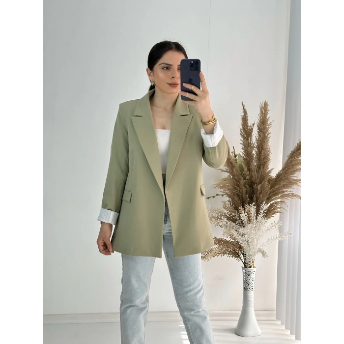 Premium Kalite Astar Çizgili Haki Yeşil Ceket