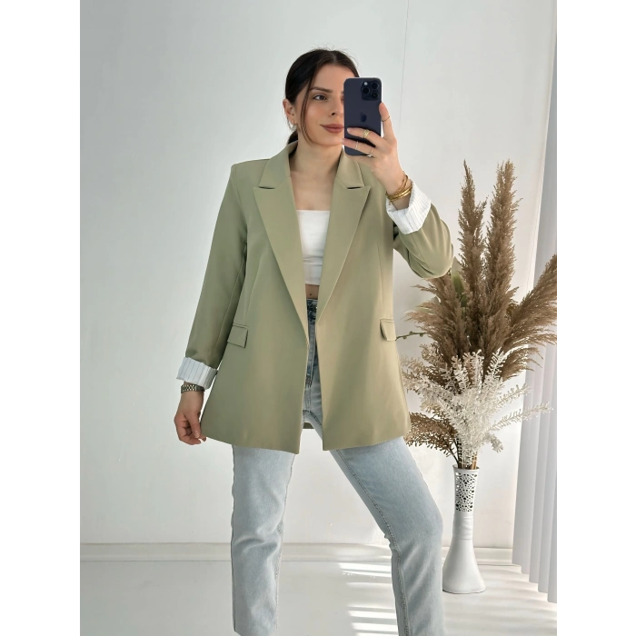 Premium Kalite Astar Çizgili Haki Yeşil Ceket