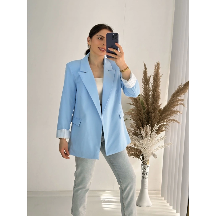 Premium Kalite Kravuze Yaka Astar Çizgili Ceket Mavi