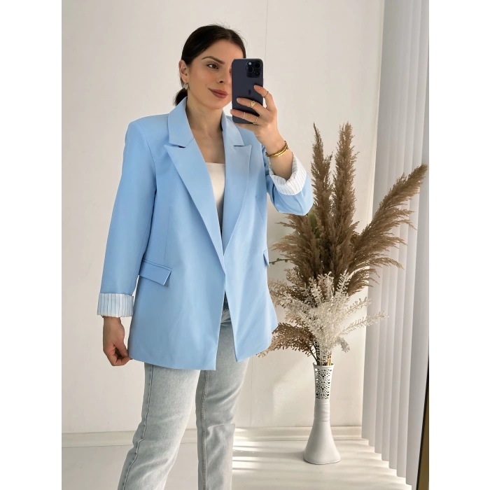 Premium Kalite Kravuze Yaka Astar Çizgili Ceket Mavi