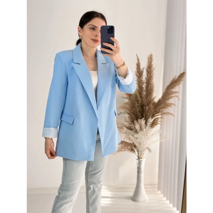 Premium Kalite Kravuze Yaka Astar Çizgili Ceket Mavi