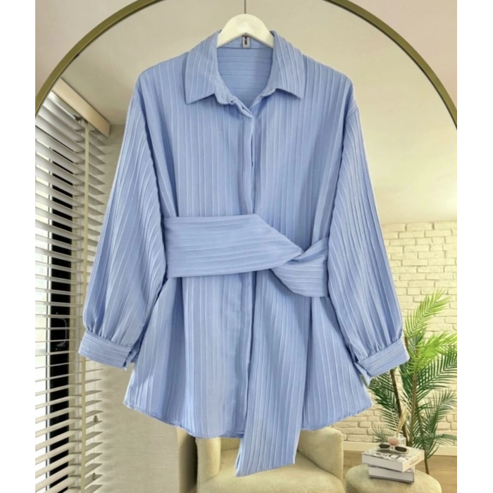 Sabit Kuşaklı Gömlek Tunik Mavi