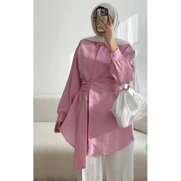 Sabit Kuşaklı Gömlek Tunik pembe
