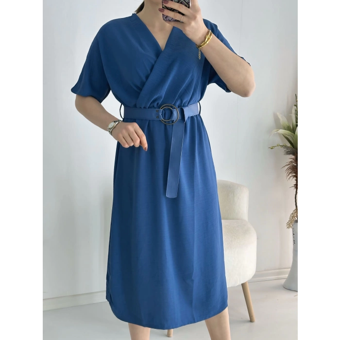 Saks Kravuze Yaka Keten Elbise