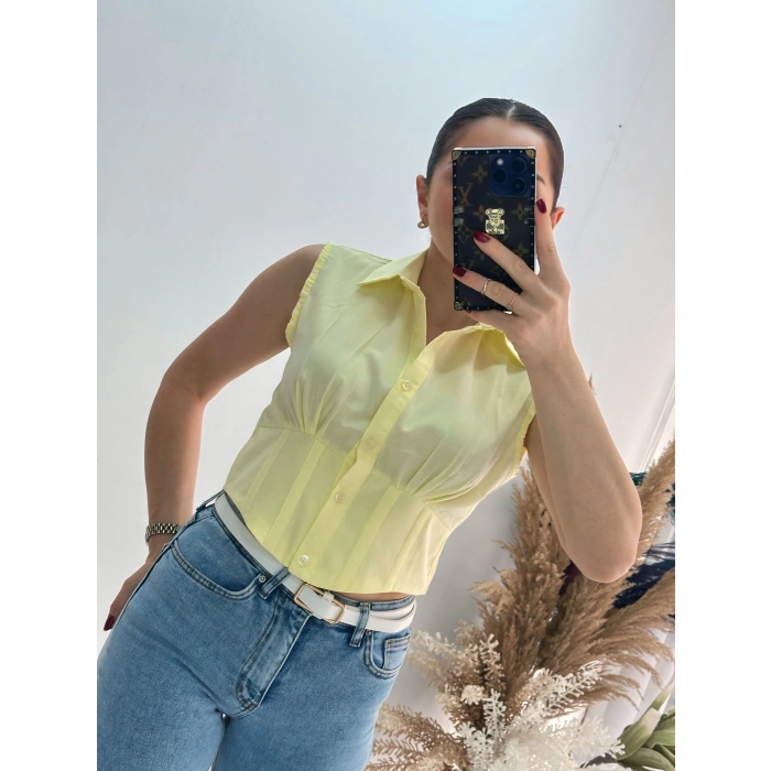 Sarı Sıfır Kol Beli Gipe Lastikli Korseli Poplin Gömlek