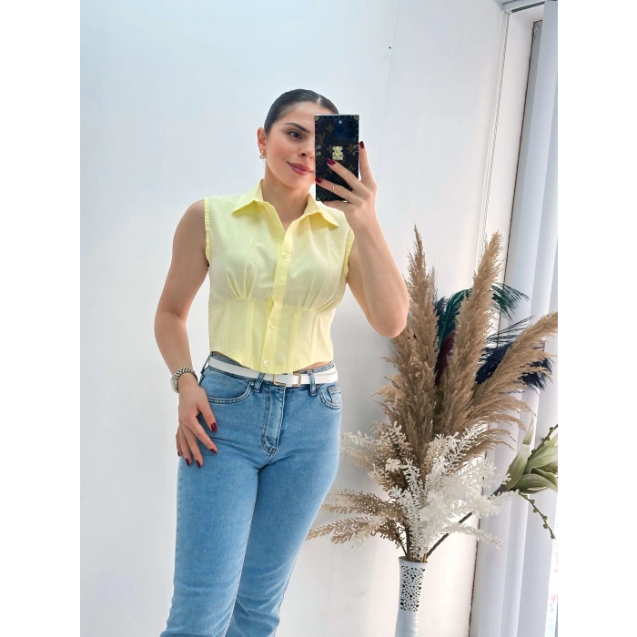 Sarı Sıfır Kol Beli Gipe Lastikli Korseli Poplin Gömlek