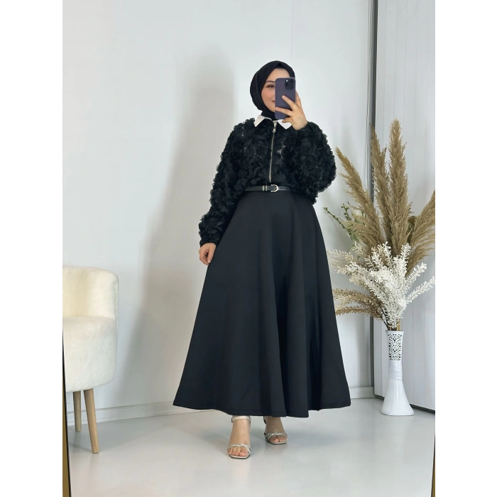 Scuba Kumaş Kloş Etek Siyah