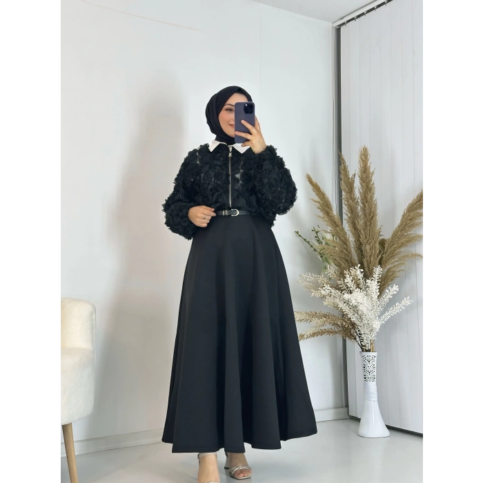 Scuba Kumaş Kloş Etek Siyah