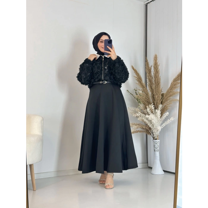 Scuba Kumaş Kloş Etek Siyah