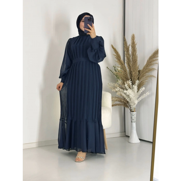 Sık Pileli Balon Kol Elbise Lacivert