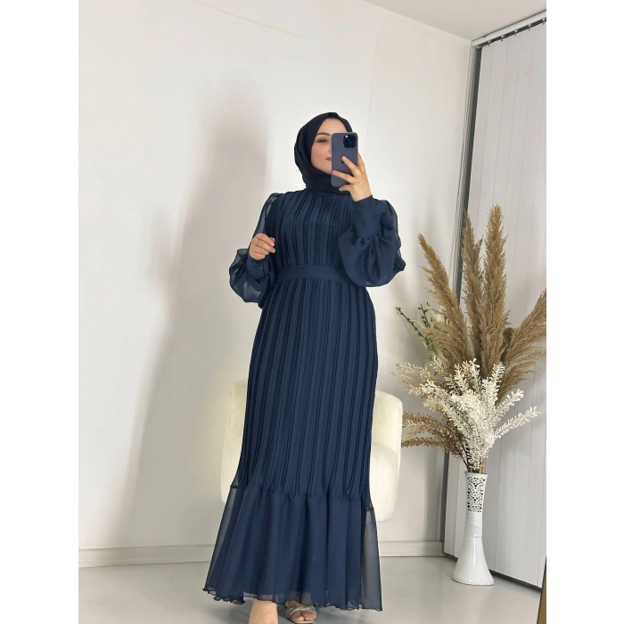 Sık Pileli Balon Kol Elbise Lacivert
