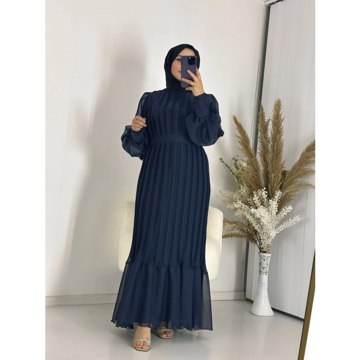 Sık Pileli Balon Kol Elbise Lacivert