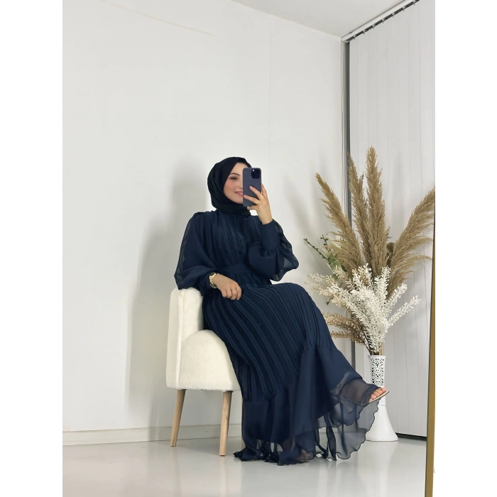 Sık Pileli Balon Kol Elbise Lacivert