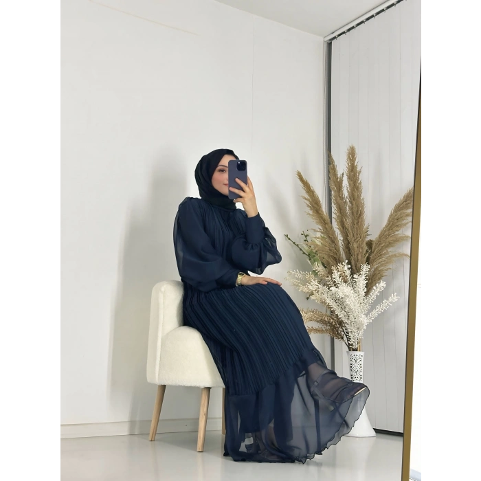 Sık Pileli Balon Kol Elbise Siyah