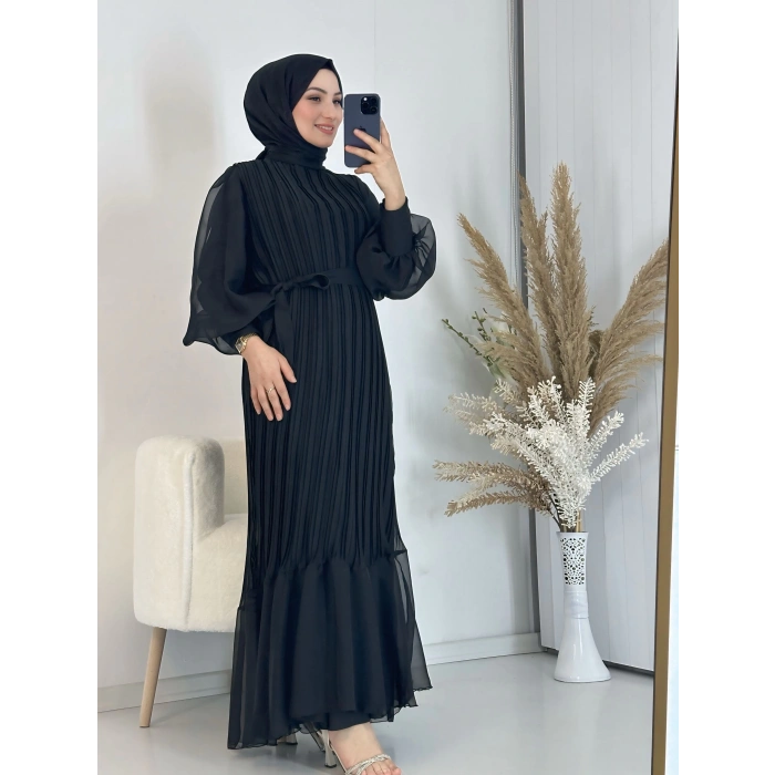 Sık Pileli Balon Kol Elbise Siyah