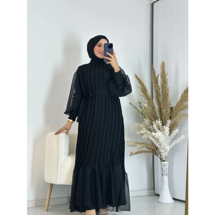 Sık Pileli Balon Kol Elbise Siyah
