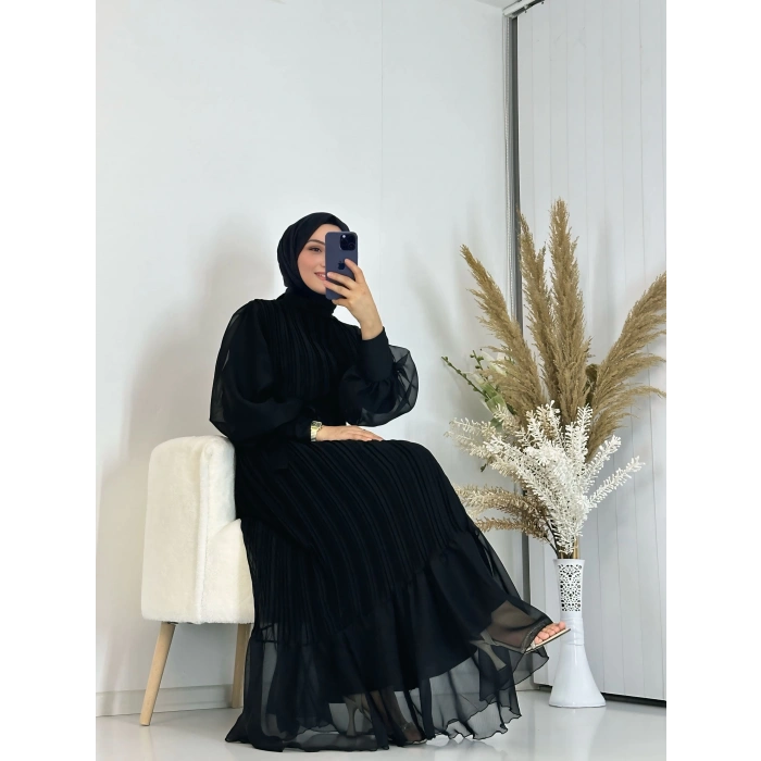 Sık Pileli Balon Kol Elbise Siyah