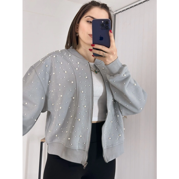 Şık Tasarımlı İncili Şardonlu Crop Top Sweatshirt Gri