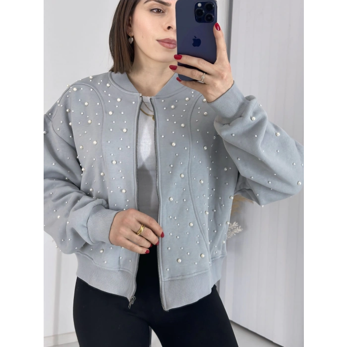 Şık Tasarımlı İncili Şardonlu Crop Top Sweatshirt Gri