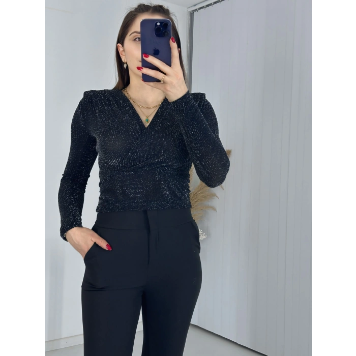 Simli Kravuze Yaka Bluz Siyah