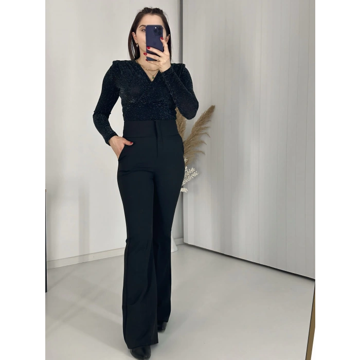 Simli Kravuze Yaka Bluz Siyah