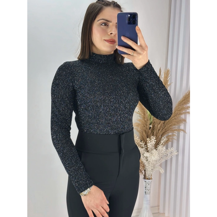 Simli Siyah Çıtçıtlı Bady