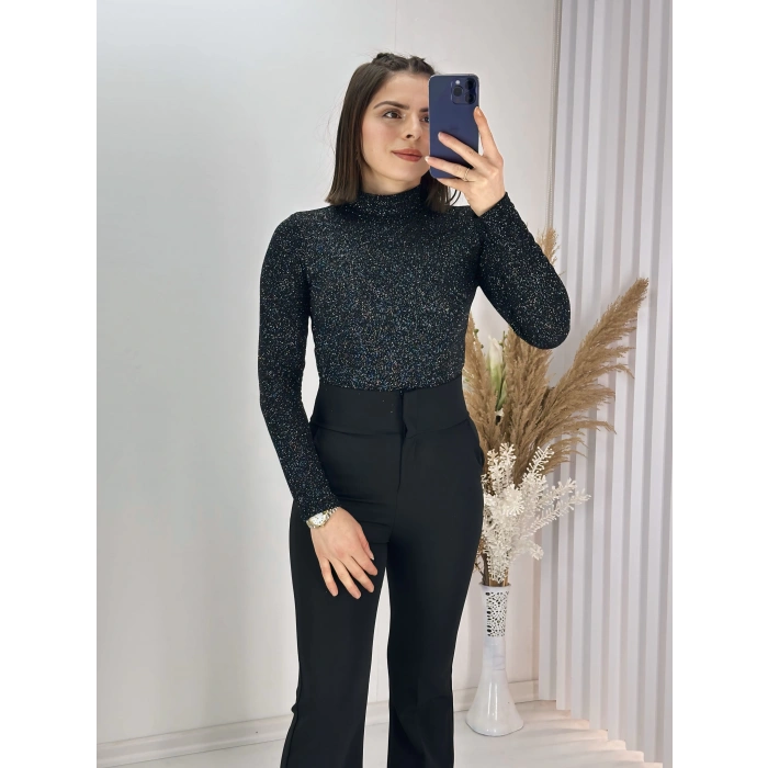 Simli Siyah Çıtçıtlı Bady