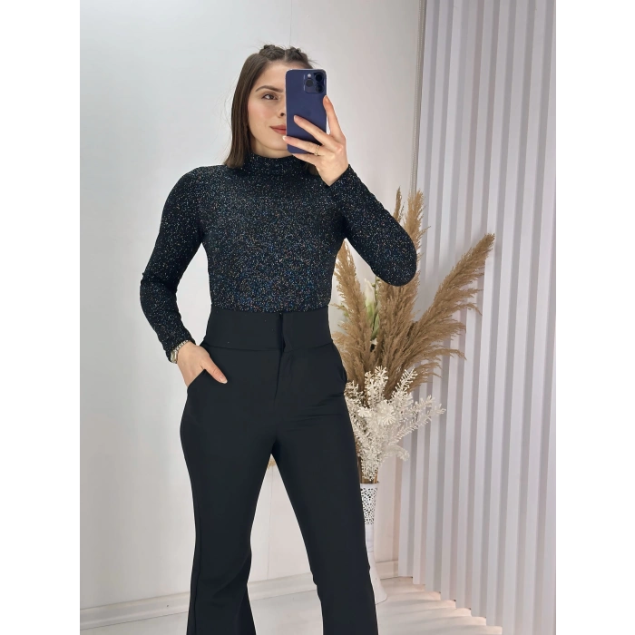 Simli Siyah Çıtçıtlı Bady