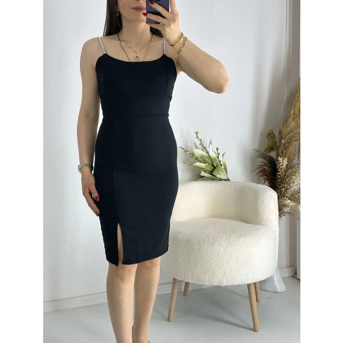 Siyah Askıları Taşlı Mini Elbise
