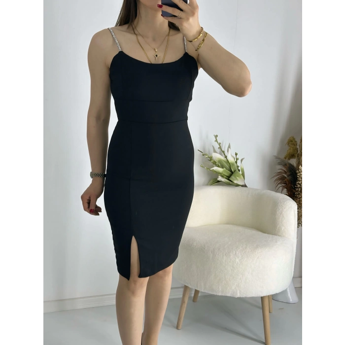 Siyah Askıları Taşlı Mini Elbise