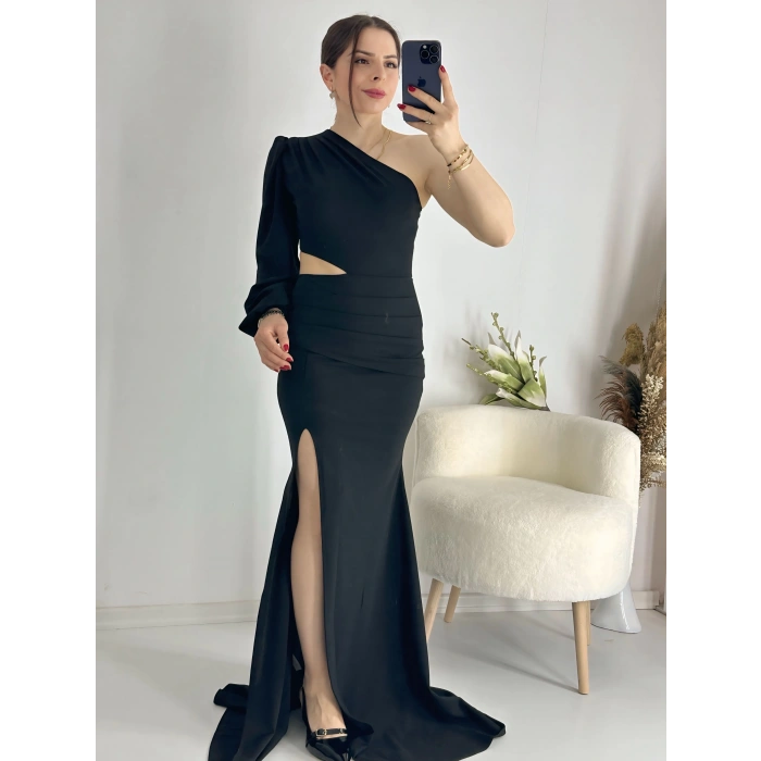 Siyah Bel Dekolteli İthal Krep Kumaş Tek Kol Abiye