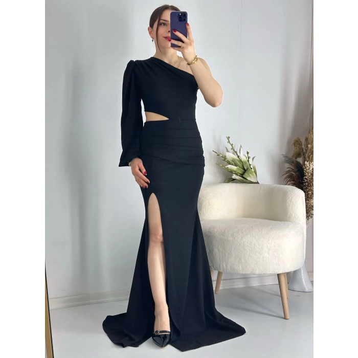 Siyah Bel Dekolteli İthal Krep Kumaş Tek Kol Abiye