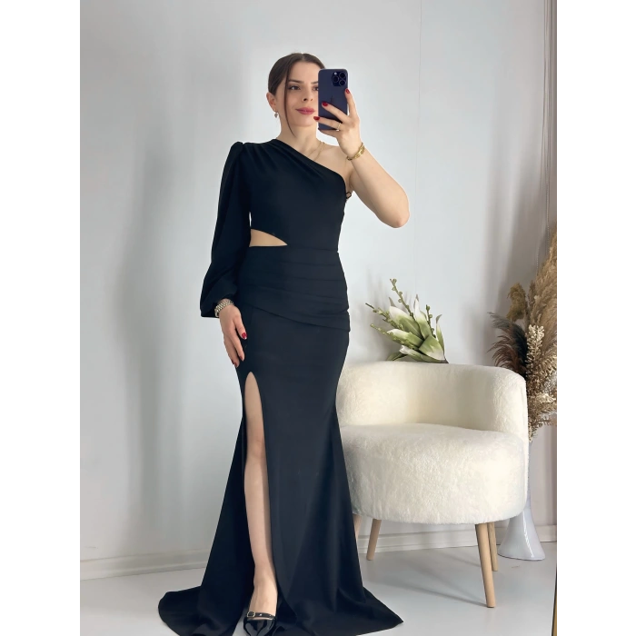 Siyah Bel Dekolteli İthal Krep Kumaş Tek Kol Abiye