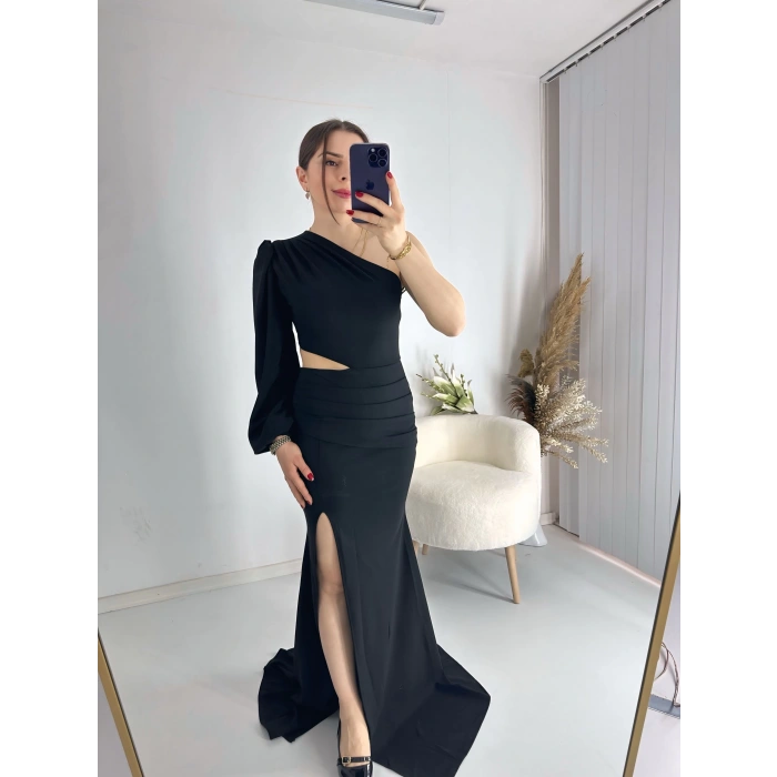 Siyah Bel Dekolteli İthal Krep Kumaş Tek Kol Abiye