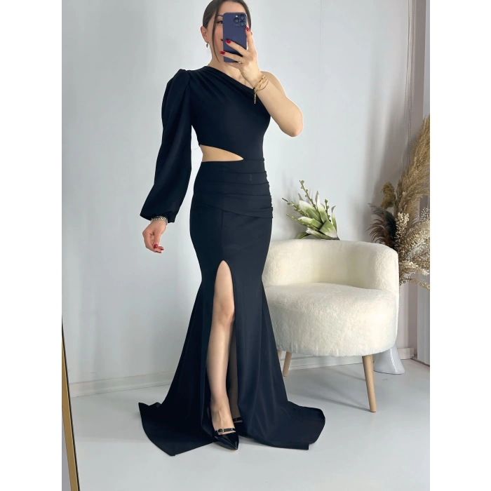 Siyah Bel Dekolteli İthal Krep Kumaş Tek Kol Abiye