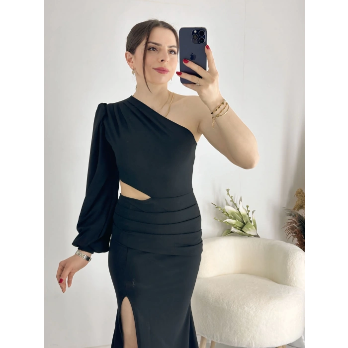 Siyah Bel Dekolteli İthal Krep Kumaş Tek Kol Abiye
