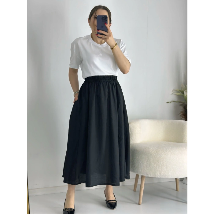 Siyah Beli Lastiklı Kloş Balon Etek