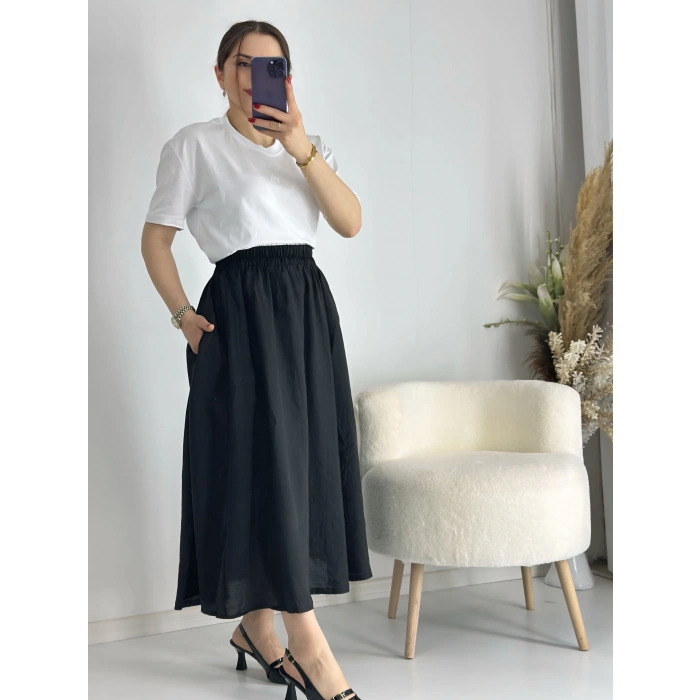 Siyah Beli Lastiklı Kloş Balon Etek