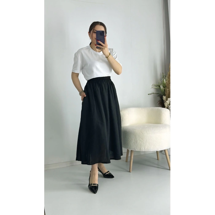 Siyah Beli Lastiklı Kloş Balon Etek