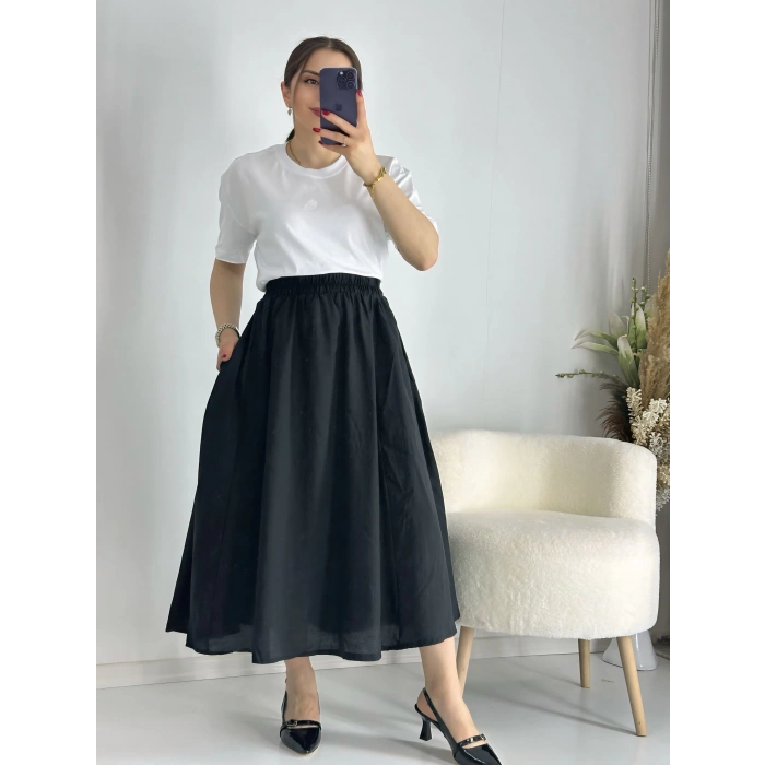 Siyah Beli Lastiklı Kloş Balon Etek