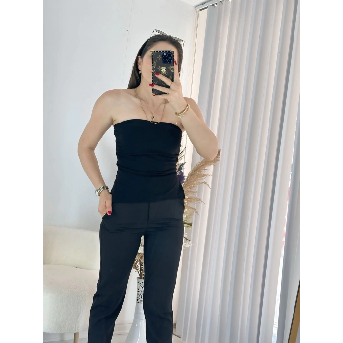 Siyah Çift Yırtmaçlı Straplez Bluz