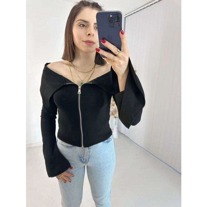 Siyah Fermuarlı İspanyol Kol Ottoman Bluz