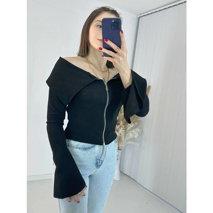 Siyah Fermuarlı İspanyol Kol Ottoman Bluz