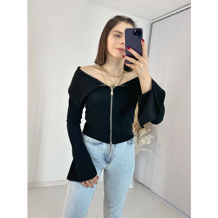 Siyah Fermuarlı İspanyol Kol Ottoman Bluz