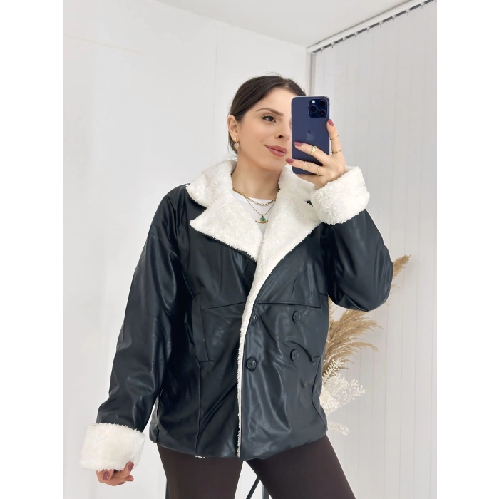 Siyah İçi Kürklü Deri Mont